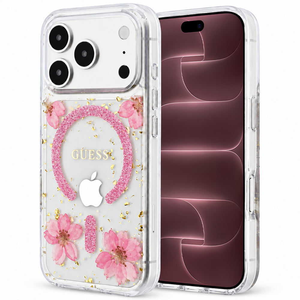MagSafe ovitek za Apple iPhone 18 Pro Max / 17 Pro Max, Guess, Resin Flowers and Glitter, roza