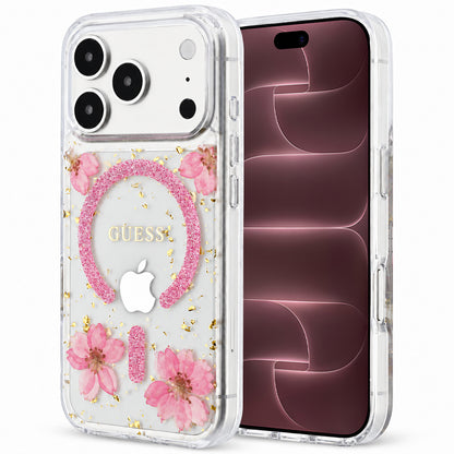 MagSafe ovitek za Apple iPhone 18 Pro Max / 17 Pro Max, Guess, Resin Flowers and Glitter, roza