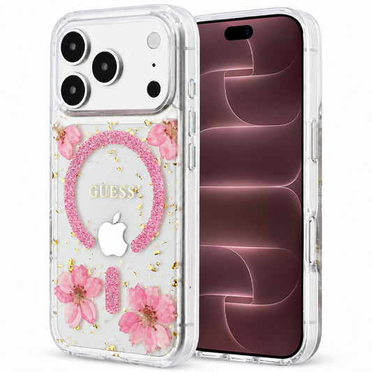 MagSafe ovitek za Apple iPhone 18 Pro Max / 17 Pro Max, Guess, Resin Flowers and Glitter, roza