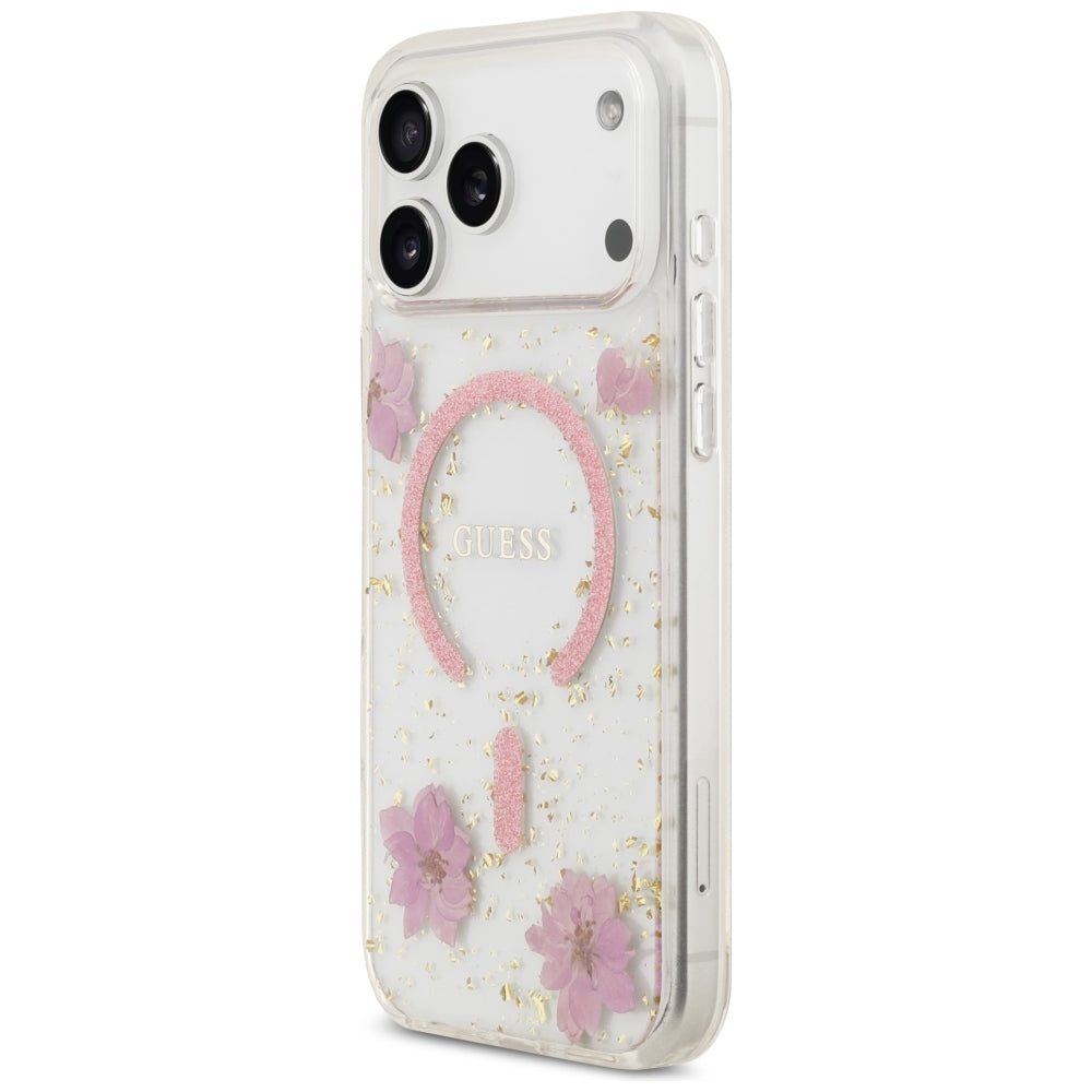 MagSafe ovitek za Apple iPhone 18 Pro Max / 17 Pro Max, Guess, Resin Flowers and Glitter, roza