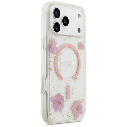 MagSafe ovitek za Apple iPhone 18 Pro Max / 17 Pro Max, Guess, Resin Flowers and Glitter, roza