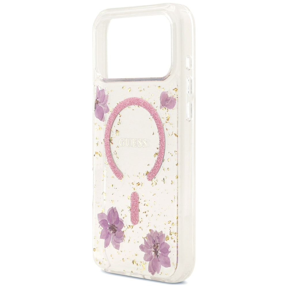 MagSafe ovitek za Apple iPhone 18 Pro Max / 17 Pro Max, Guess, Resin Flowers and Glitter, roza