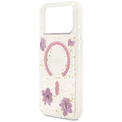 MagSafe ovitek za Apple iPhone 18 Pro Max / 17 Pro Max, Guess, Resin Flowers and Glitter, roza