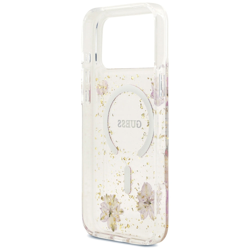 MagSafe ovitek za Apple iPhone 18 Pro Max / 17 Pro Max, Guess, Resin Flowers and Glitter, roza
