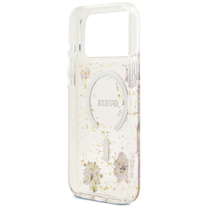 MagSafe ovitek za Apple iPhone 18 Pro Max / 17 Pro Max, Guess, Resin Flowers and Glitter, roza