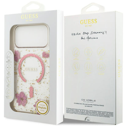 MagSafe ovitek za Apple iPhone 18 Pro Max / 17 Pro Max, Guess, Resin Flowers and Glitter, roza