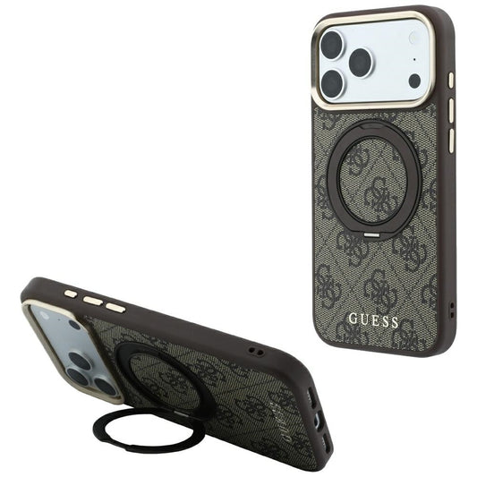 MagSafe ovitek za Apple iPhone 18 Pro Max / 17 Pro Max, Guess, Ring Stand 360 4G Classic Logo, rjav