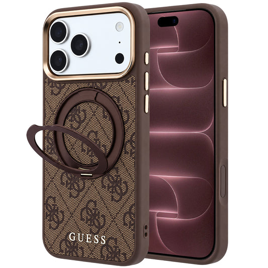 MagSafe ovitek za Apple iPhone 18 Pro Max / 17 Pro Max, Guess, Ring Stand 360 4G Classic Logo, rjav