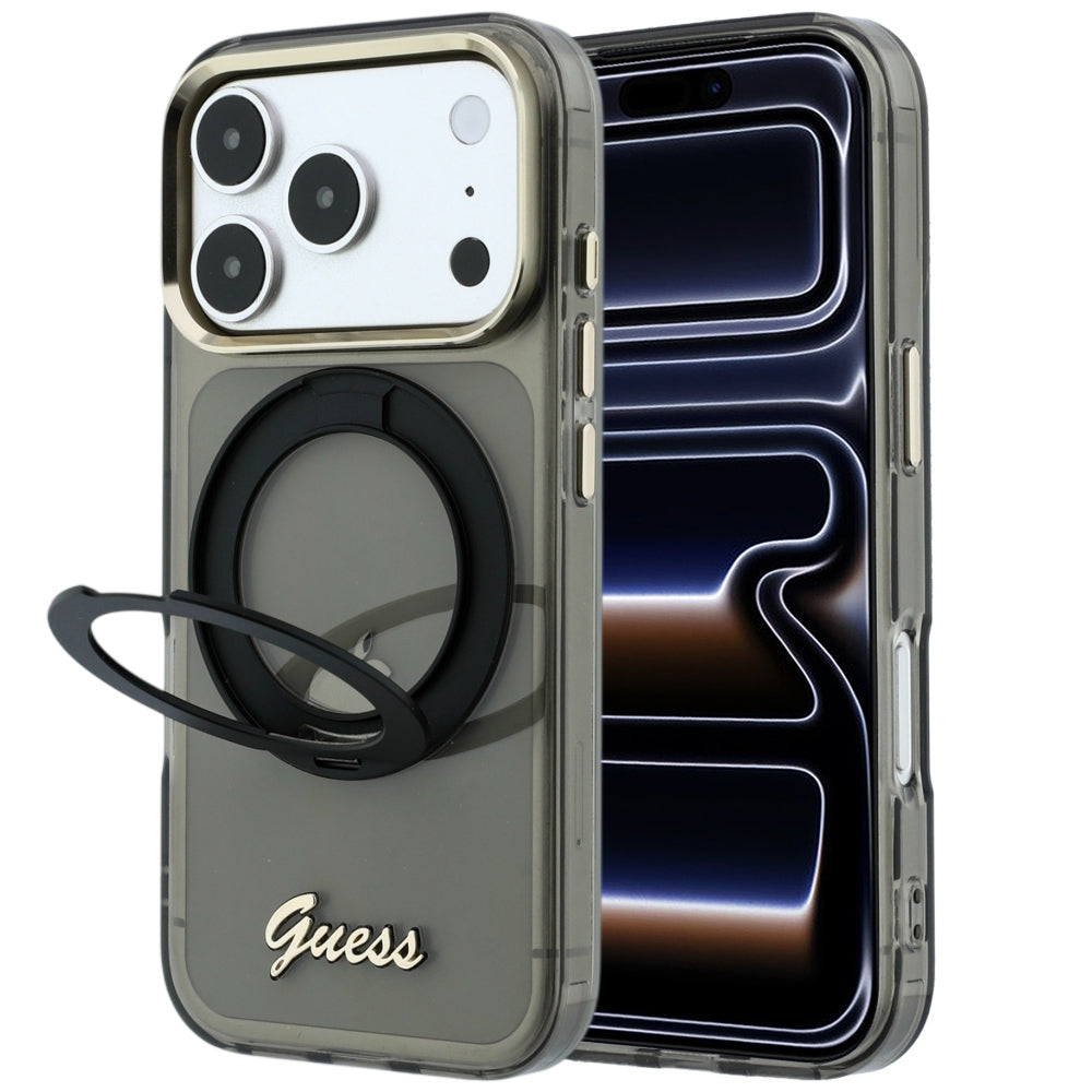 MagSafe ovitek za Apple iPhone 18 Pro Max / 17 Pro Max, Guess, Ring Stand Script Metal Logo, Črn