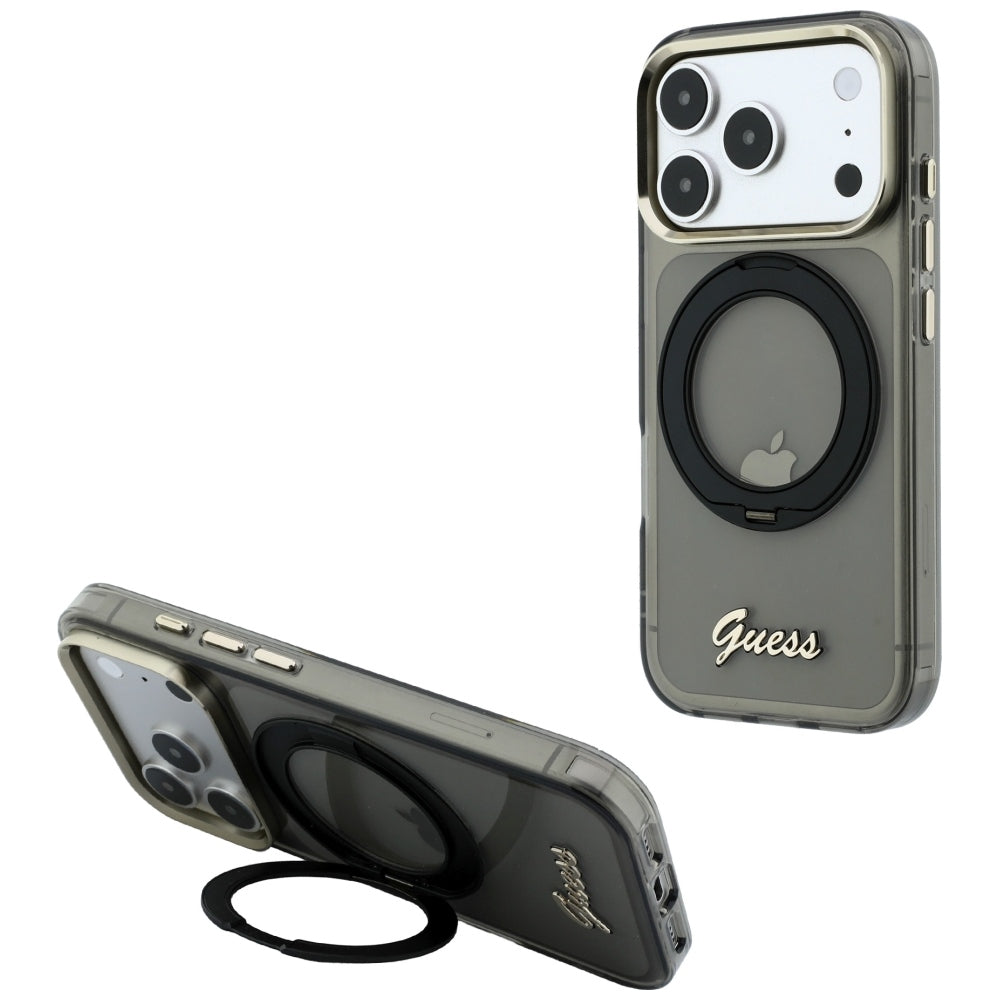 MagSafe ovitek za Apple iPhone 18 Pro Max / 17 Pro Max, Guess, Ring Stand Script Metal Logo, Črn