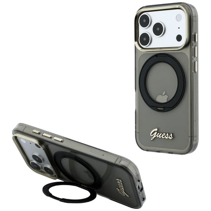 MagSafe ovitek za Apple iPhone 18 Pro Max / 17 Pro Max, Guess, Ring Stand Script Metal Logo, Črn