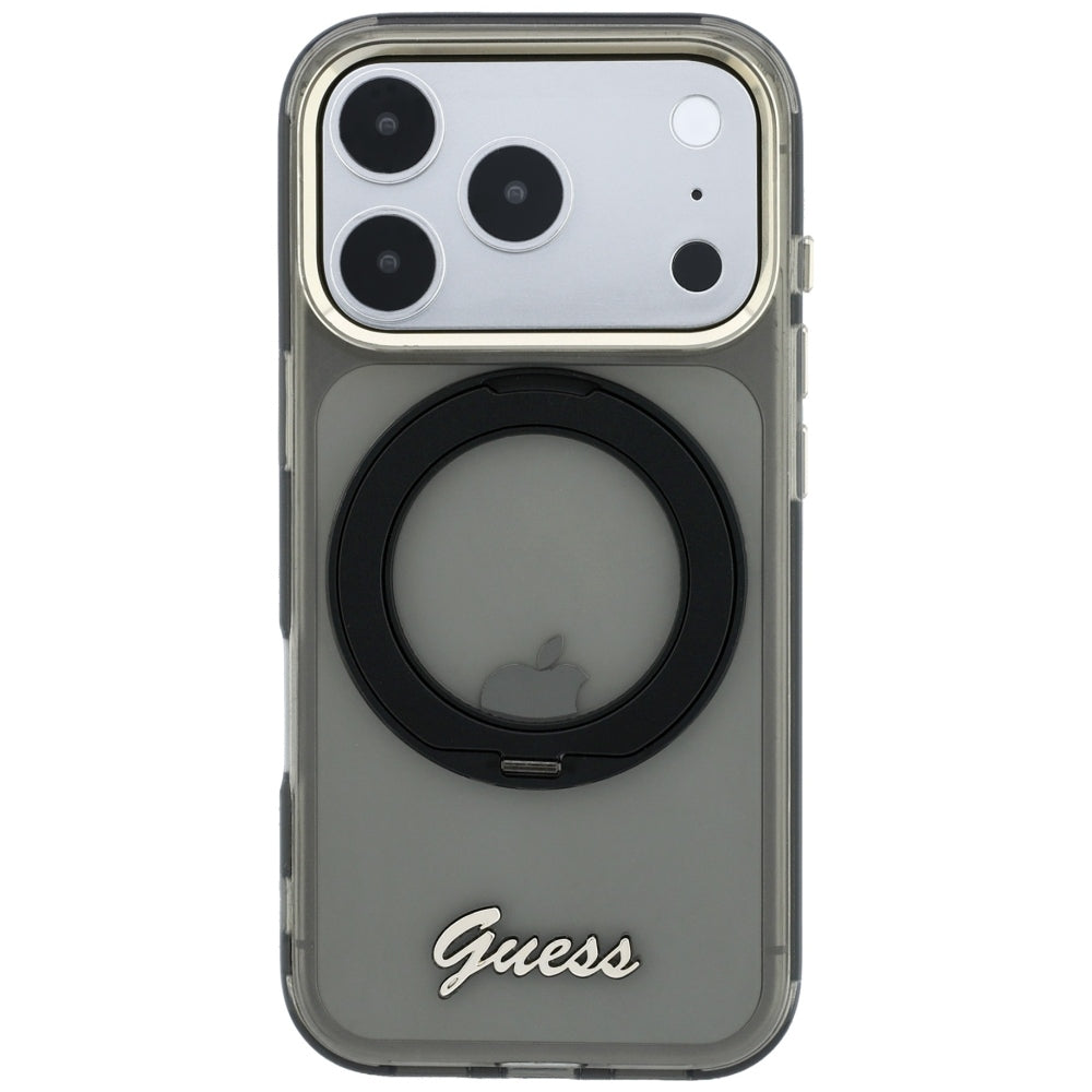 MagSafe ovitek za Apple iPhone 18 Pro Max / 17 Pro Max, Guess, Ring Stand Script Metal Logo, Črn