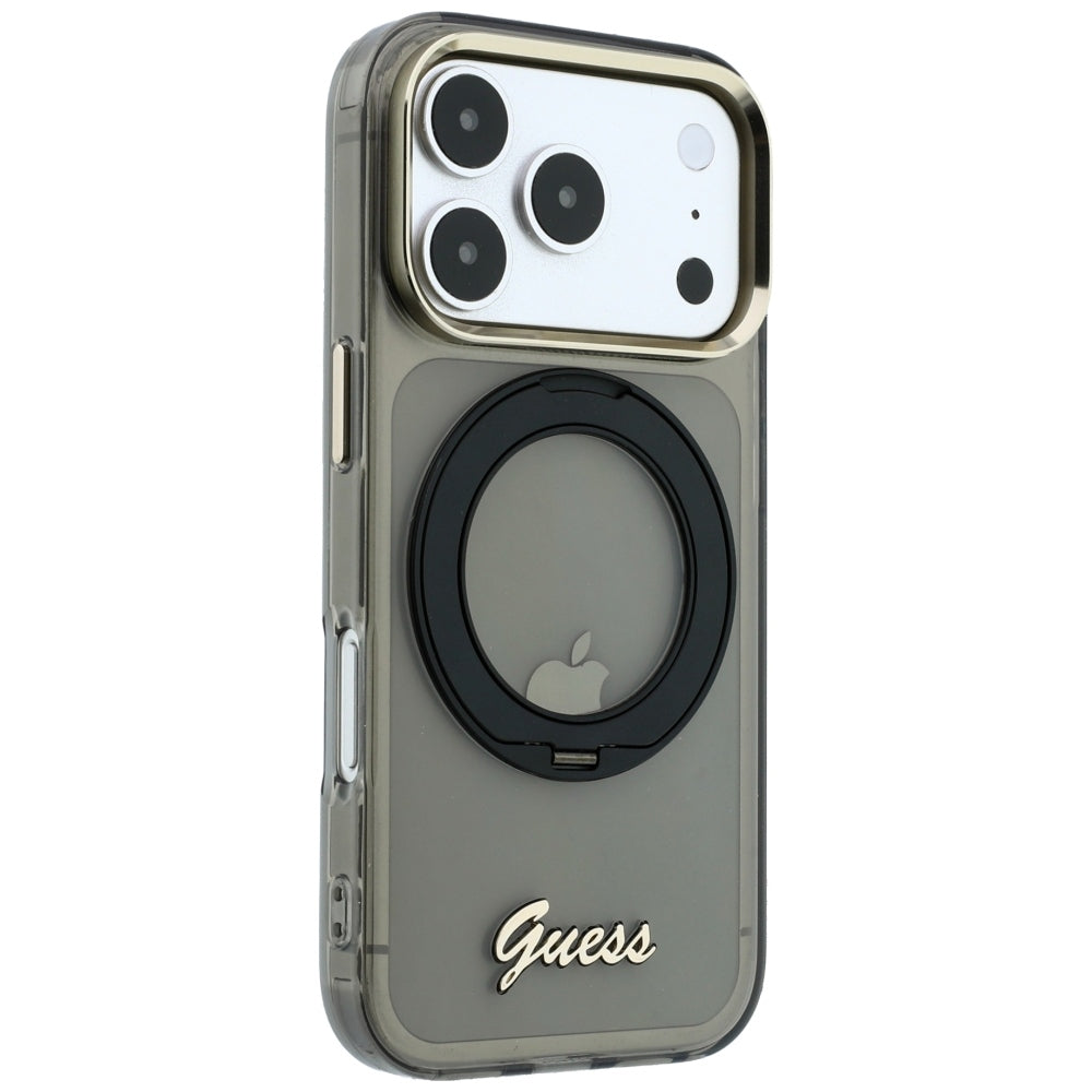 MagSafe ovitek za Apple iPhone 18 Pro Max / 17 Pro Max, Guess, Ring Stand Script Metal Logo, Črn