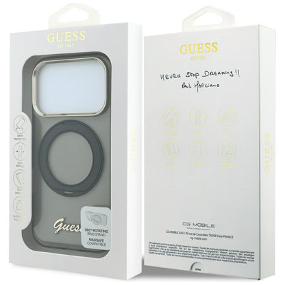 MagSafe ovitek za Apple iPhone 18 Pro Max / 17 Pro Max, Guess, Ring Stand Script Metal Logo, Črn