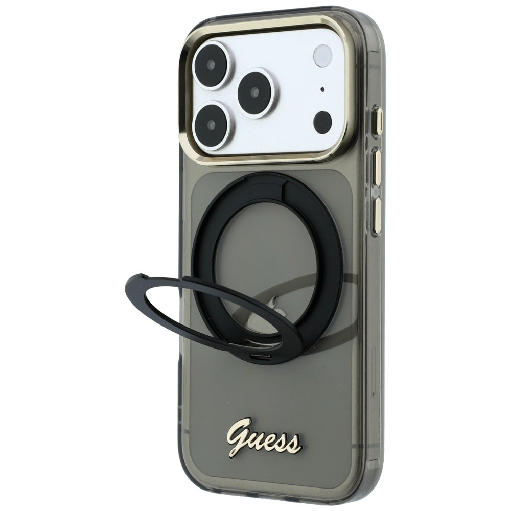 MagSafe ovitek za Apple iPhone 18 Pro Max / 17 Pro Max, Guess, Ring Stand Script Metal Logo, Črn