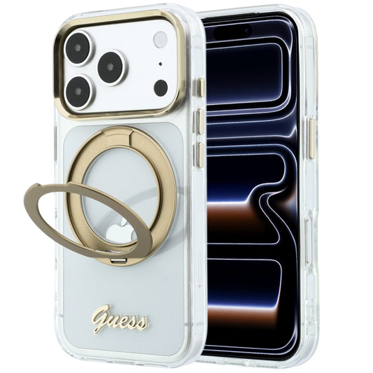 MagSafe ovitek za Apple iPhone 18 Pro Max / 17 Pro Max, Guess, stojalo z obročem, kovinski logotip Script, prozoren