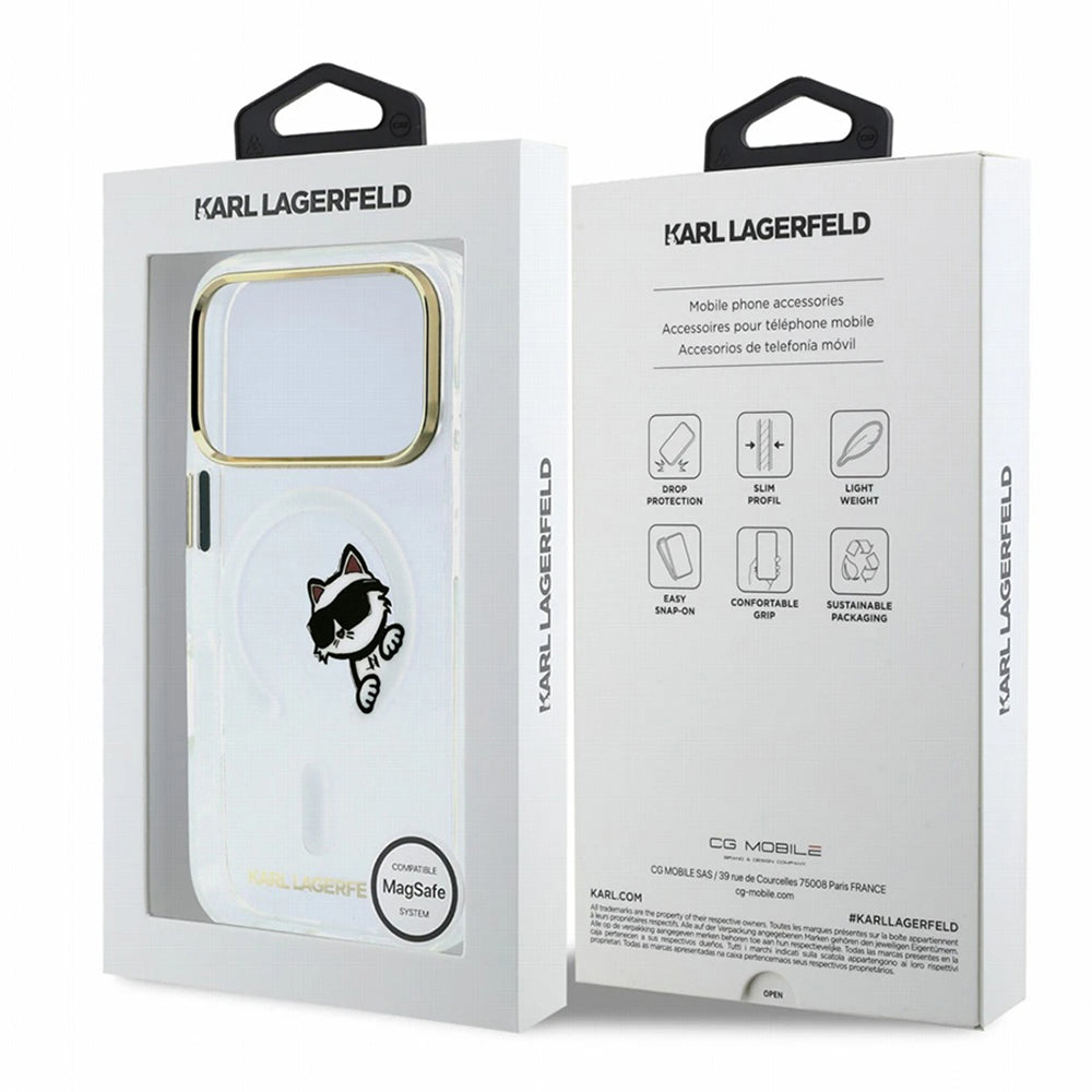 MagSafe Case for Apple iPhone 18 Pro Max / 17 Pro Max, Karl Lagerfeld, IML Peekaboo Print and Metal Frame, Transparent