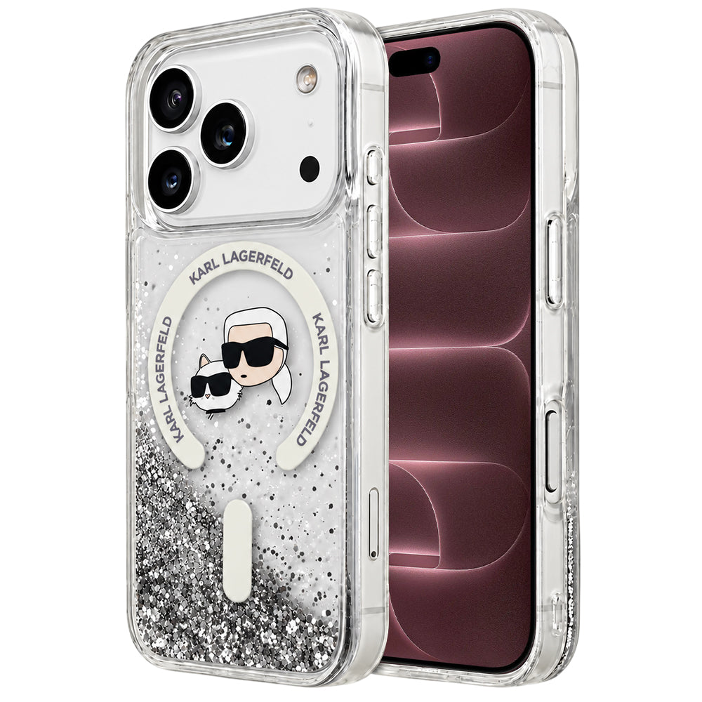 Ovitek MagSafe za Apple iPhone 18 Pro Max / 17 Pro Max, Karl Lagerfeld, Liquid Glitter Karl & Choupette Head's, Prozoren