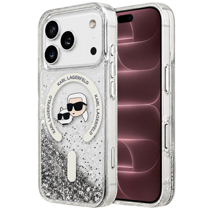 Ovitek MagSafe za Apple iPhone 18 Pro Max / 17 Pro Max, Karl Lagerfeld, Liquid Glitter Karl & Choupette Head's, Prozoren