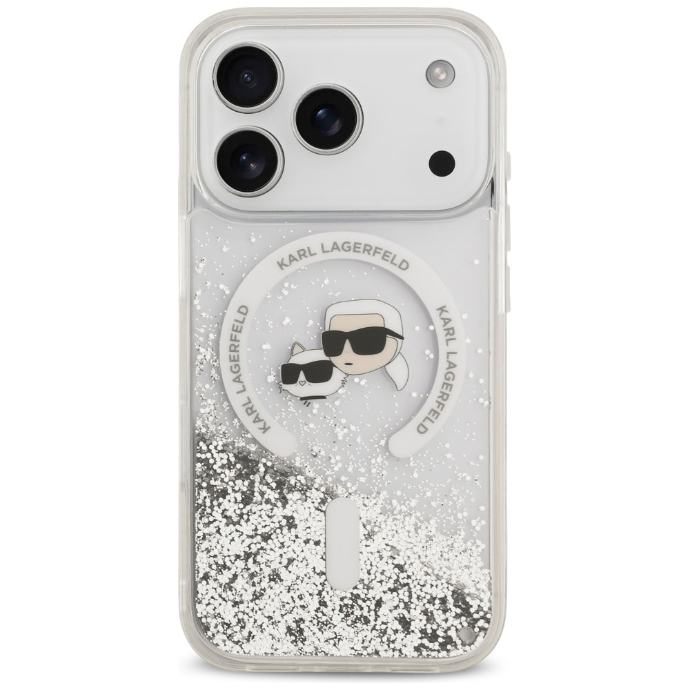Ovitek MagSafe za Apple iPhone 18 Pro Max / 17 Pro Max, Karl Lagerfeld, Liquid Glitter Karl & Choupette Head's, Prozoren