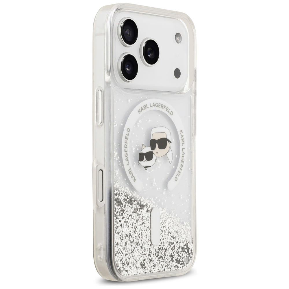 Ovitek MagSafe za Apple iPhone 18 Pro Max / 17 Pro Max, Karl Lagerfeld, Liquid Glitter Karl & Choupette Head's, Prozoren