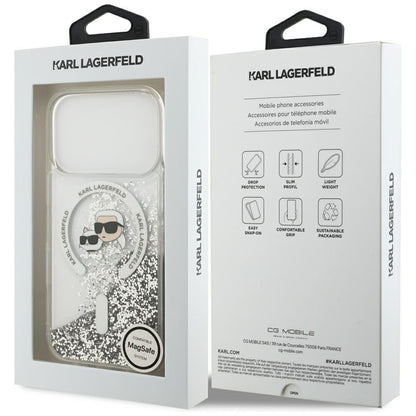 Ovitek MagSafe za Apple iPhone 18 Pro Max / 17 Pro Max, Karl Lagerfeld, Liquid Glitter Karl & Choupette Head's, Prozoren