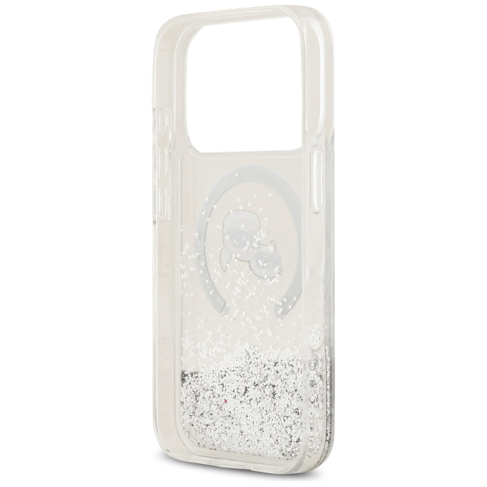Ovitek MagSafe za Apple iPhone 18 Pro Max / 17 Pro Max, Karl Lagerfeld, Liquid Glitter Karl & Choupette Head's, Prozoren