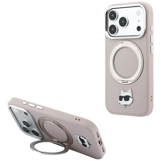 MagSafe ovitek za Apple iPhone 18 Pro Max / 17 Pro Max, Karl Lagerfeld, Ring Stand 360 Choupette Pin, roza