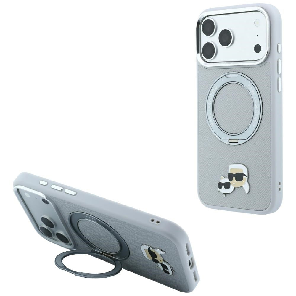 Ovitek MagSafe za Apple iPhone 18 Pro Max / 17 Pro Max, Karl Lagerfeld, Ring Stand 360 Karl & Choupette Pin, siv