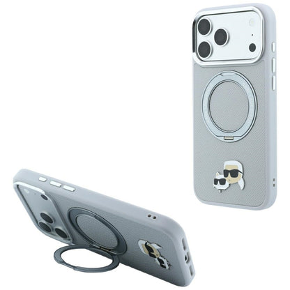 Ovitek MagSafe za Apple iPhone 18 Pro Max / 17 Pro Max, Karl Lagerfeld, Ring Stand 360 Karl & Choupette Pin, siv