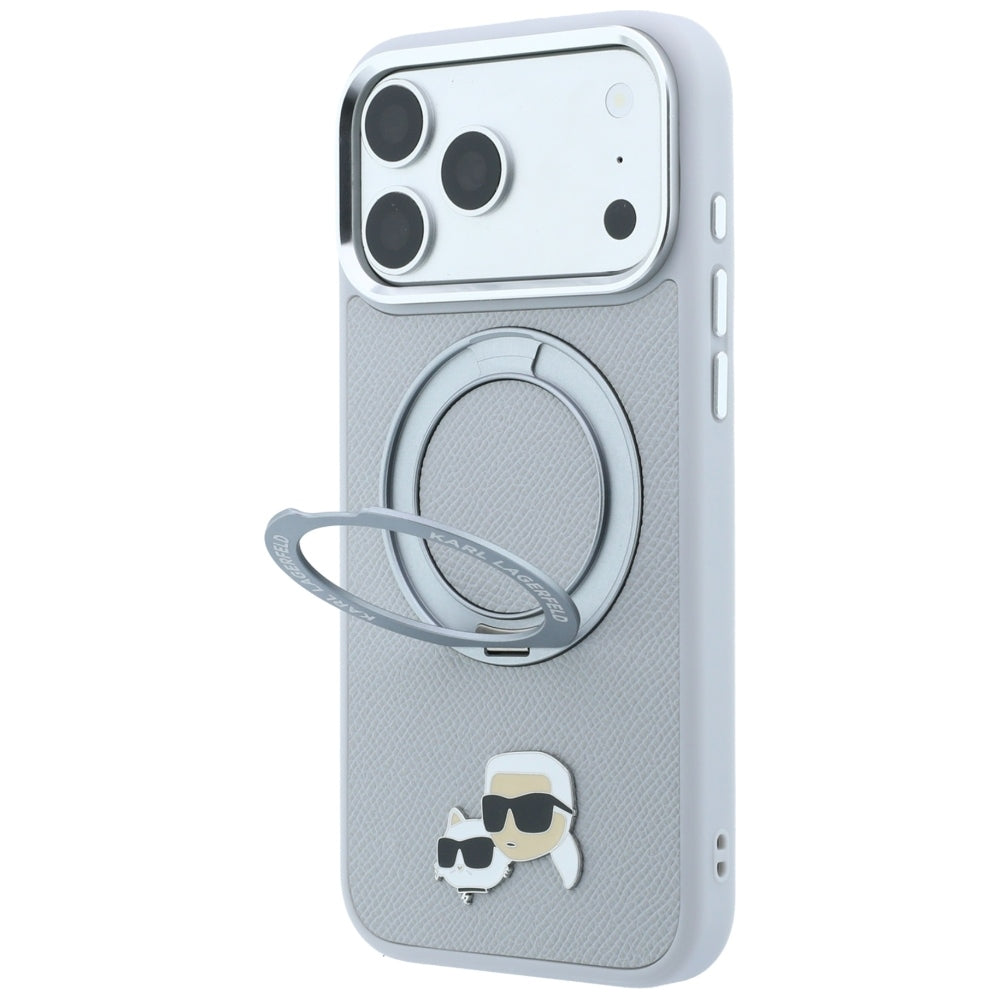 Ovitek MagSafe za Apple iPhone 18 Pro Max / 17 Pro Max, Karl Lagerfeld, Ring Stand 360 Karl & Choupette Pin, siv