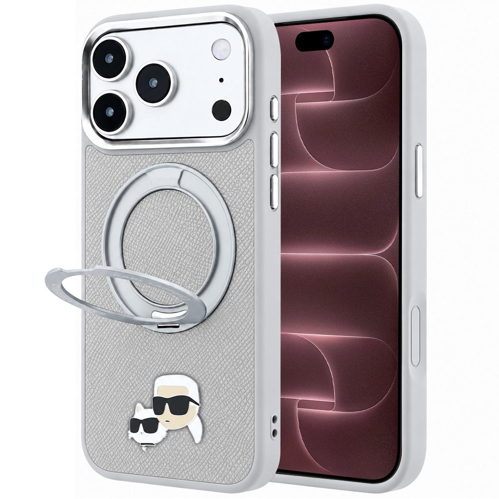 Ovitek MagSafe za Apple iPhone 18 Pro Max / 17 Pro Max, Karl Lagerfeld, Ring Stand 360 Karl & Choupette Pin, siv