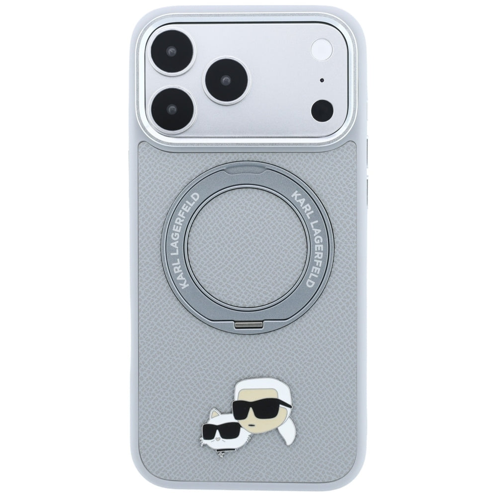 Ovitek MagSafe za Apple iPhone 18 Pro Max / 17 Pro Max, Karl Lagerfeld, Ring Stand 360 Karl & Choupette Pin, siv