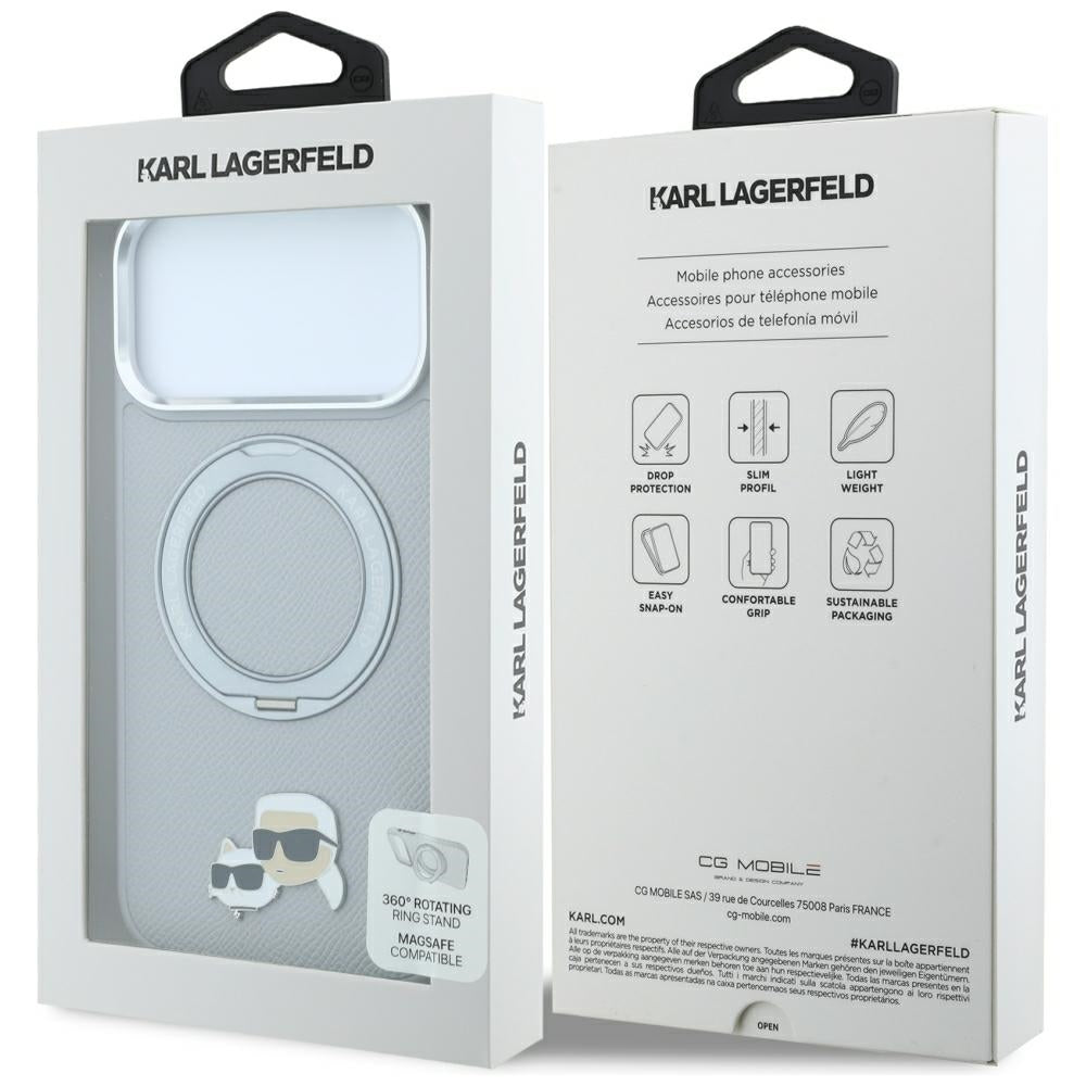 Ovitek MagSafe za Apple iPhone 18 Pro Max / 17 Pro Max, Karl Lagerfeld, Ring Stand 360 Karl & Choupette Pin, siv