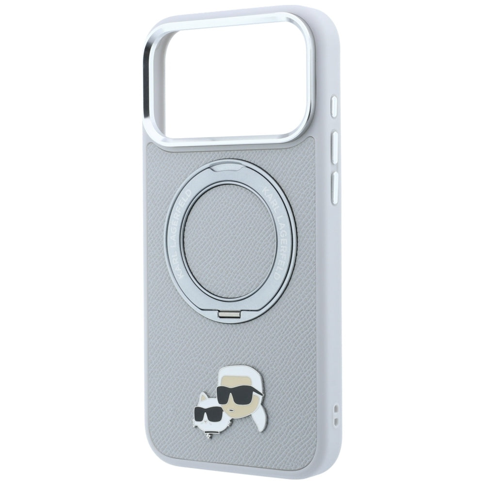 Ovitek MagSafe za Apple iPhone 18 Pro Max / 17 Pro Max, Karl Lagerfeld, Ring Stand 360 Karl & Choupette Pin, siv