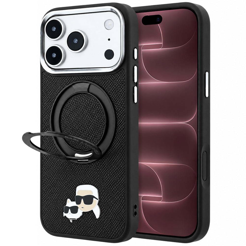 MagSafe ovitek za Apple iPhone 18 Pro Max / 17 Pro Max, Karl Lagerfeld, Ring Stand 360 Karl & Choupette Pin, Črn