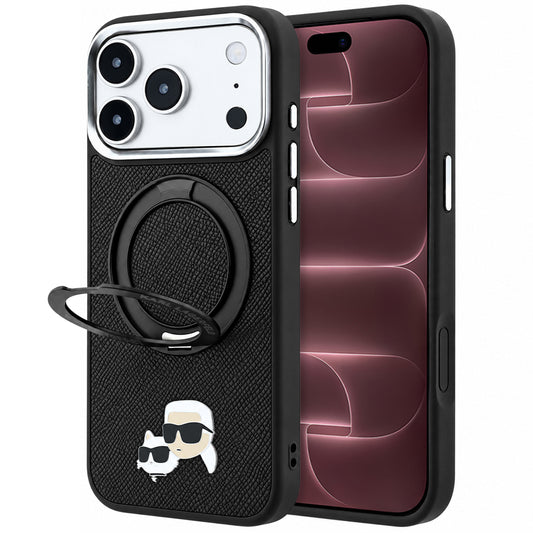 MagSafe Case for Apple iPhone 18 Pro Max / 17 Pro Max, Karl Lagerfeld, Ring Stand 360 Karl & Choupette Pin, Black