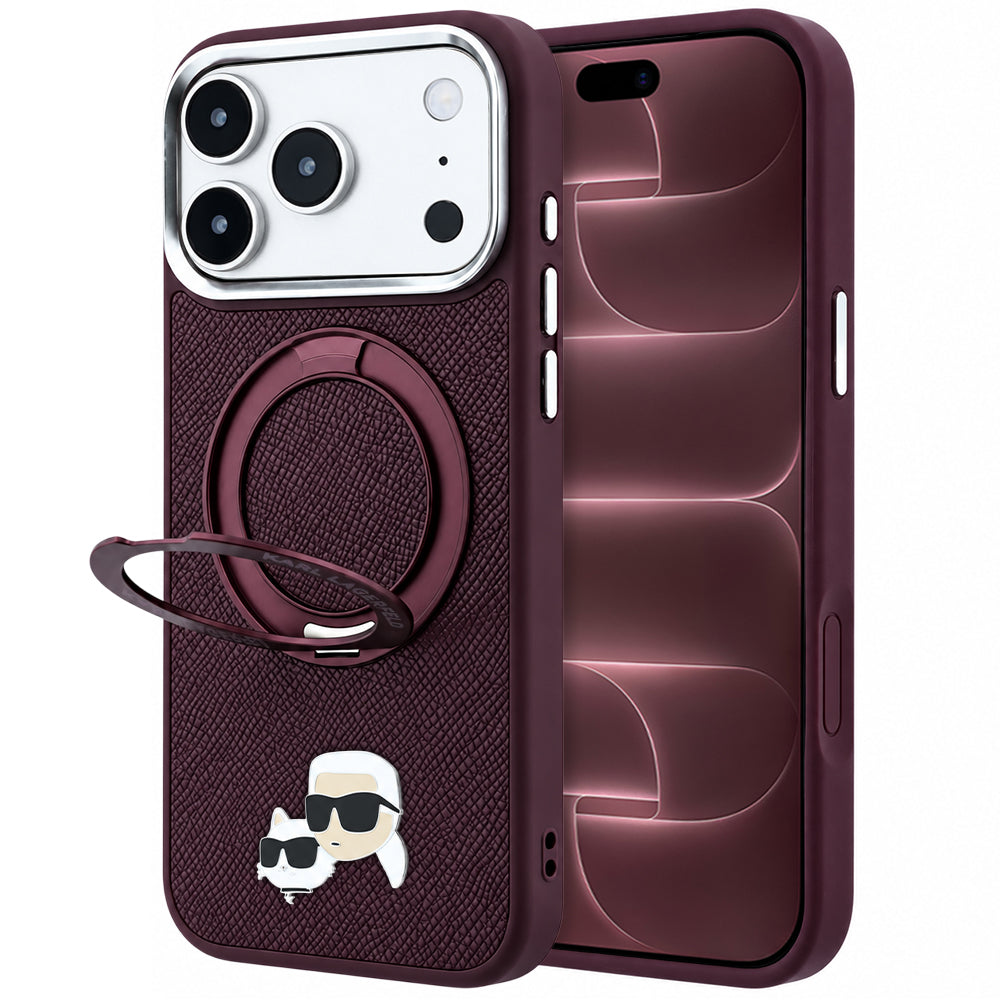 MagSafe ovitek za Apple iPhone 18 Pro Max / 17 Pro Max, Karl Lagerfeld, Ring Stand 360 Karl & Choupette Pin, bordo rdečega odtenka