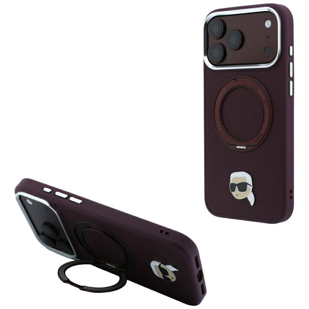 MagSafe Case for Apple iPhone 18 Pro Max / 17 Pro Max, Karl Lagerfeld, Ring Stand 360 Karl Pin, Burgundy