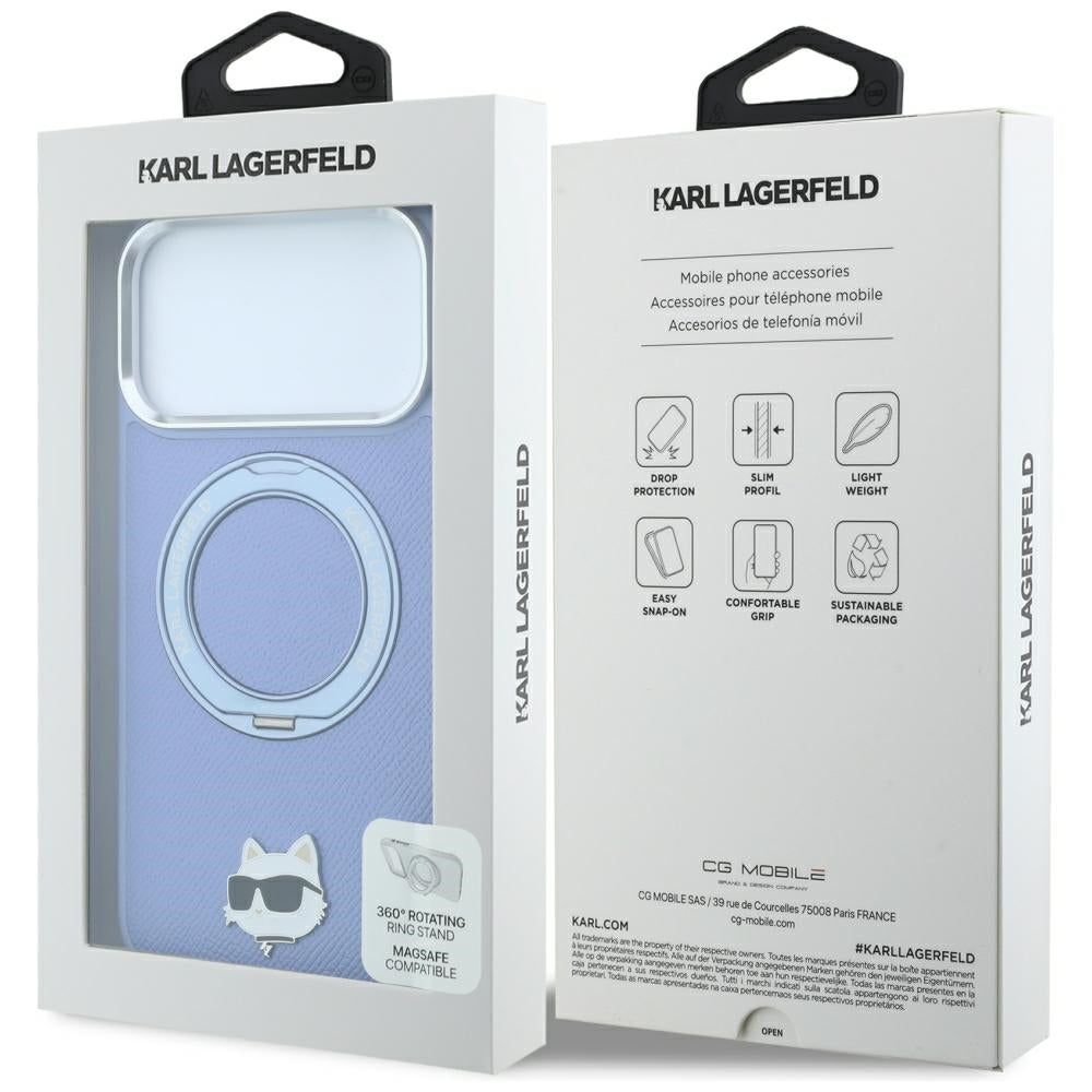 MagSafe ovitek za Apple iPhone 18 Pro Max / 17 Pro Max, Karl Lagerfeld, Saffiano Ring Stand 360 Choupette Pin, Bleu