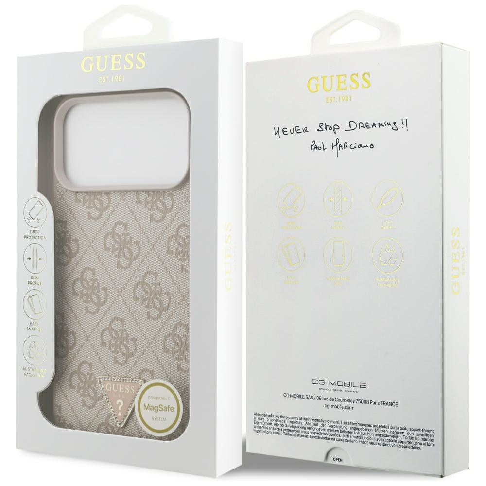 Ovitek MagSafe za Apple iPhone 18 Pro Max, Guess, 4G Triangle Strass, Roza