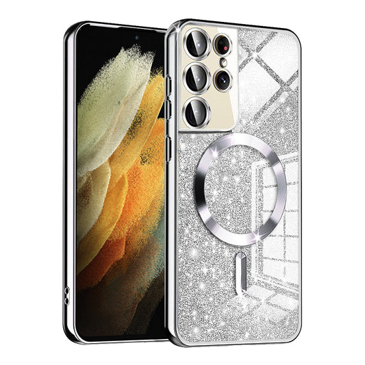 MagSafe ovitek za Samsung Galaxy S21 Ultra 5G G998, Techsuit, Luxury Glitter, srebrn