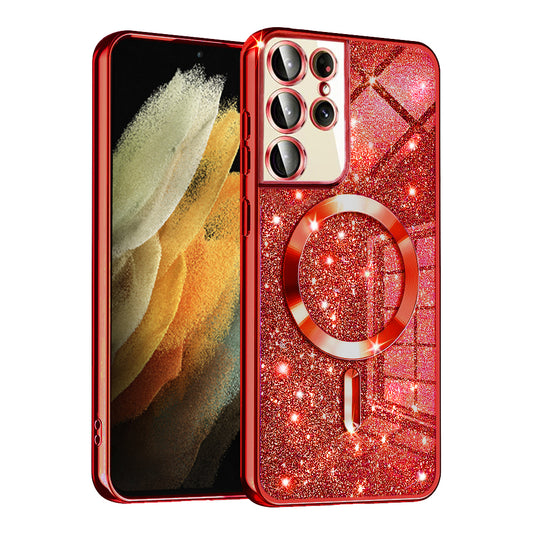 MagSafe ovitek za Samsung Galaxy S21 Ultra 5G G998, Techsuit, Luxury Glitter, Rdeč