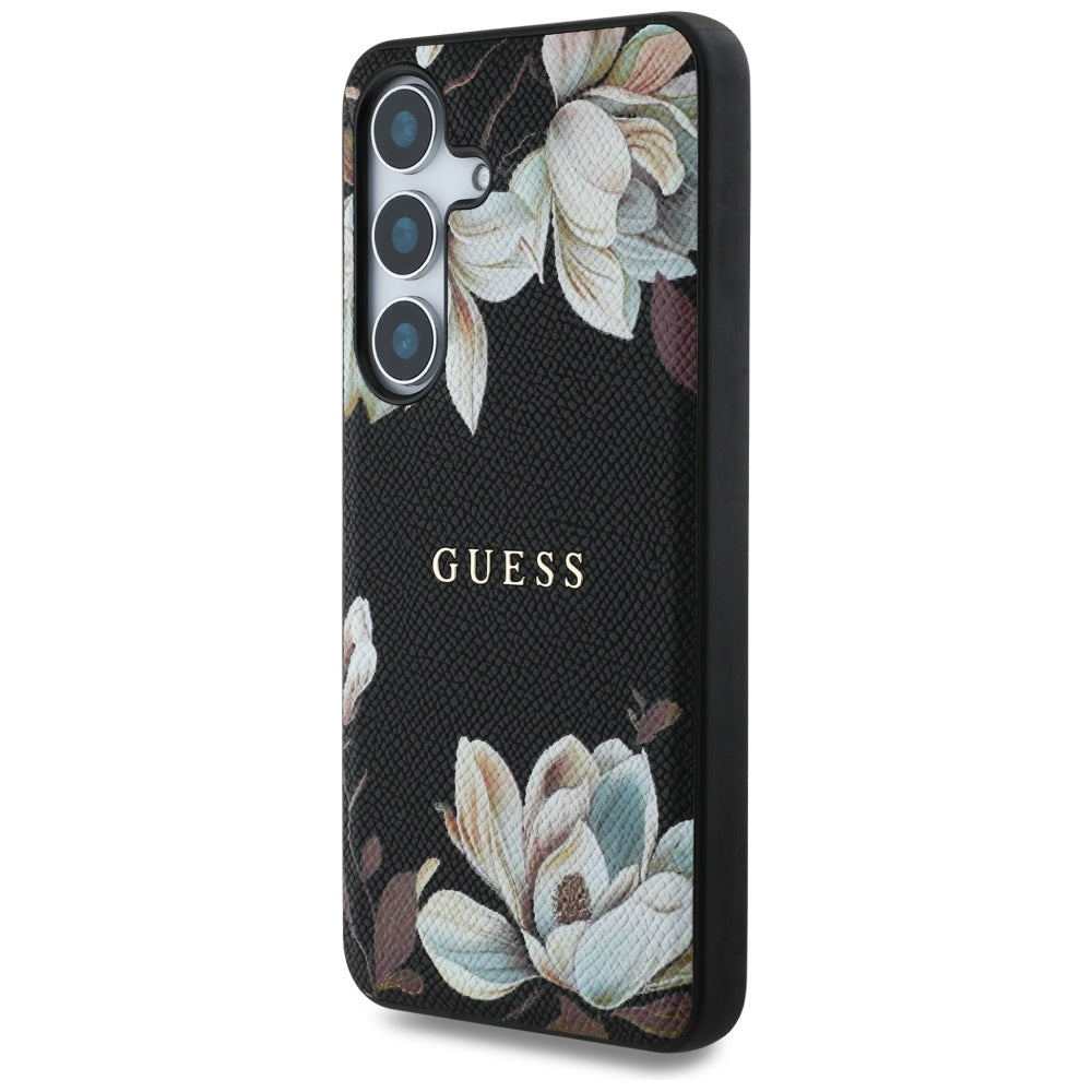 Ovitek MagSafe za Samsung Galaxy S25 S931, Guess, Grained Flowers, Črn