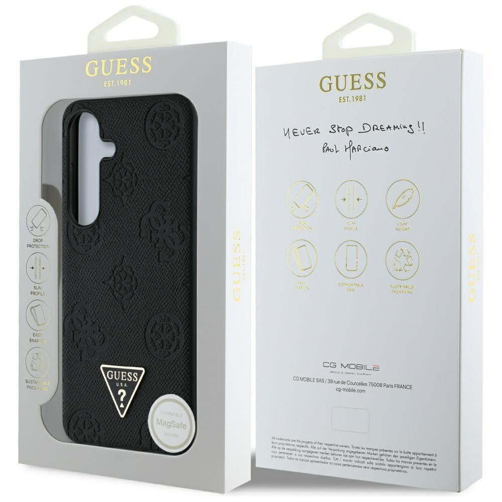 MagSafe ovitek za Samsung Galaxy S25 S931, Guess, Peony Grained Hot Stamp Triangle, črn