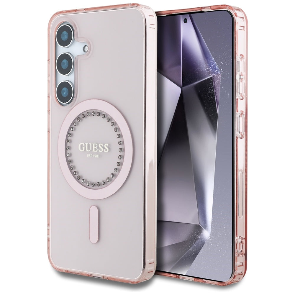Ovitek MagSafe za Samsung Galaxy S25 S931, Guess, IML Rhinestone, Roza