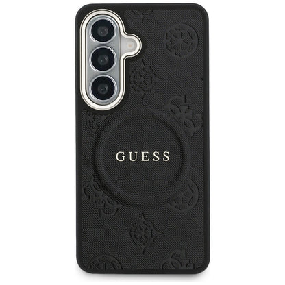 Ovitek MagSafe za Samsung Galaxy S26 Plus S947, GUESS, Saffiano Peony Embossed Ring, črn