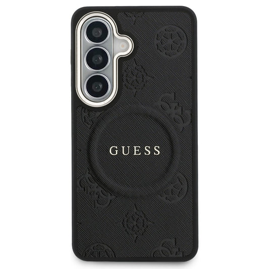 Ovitek MagSafe za Samsung Galaxy S26 S942, Guess, Saffiano Peony Embossed Ring, črn