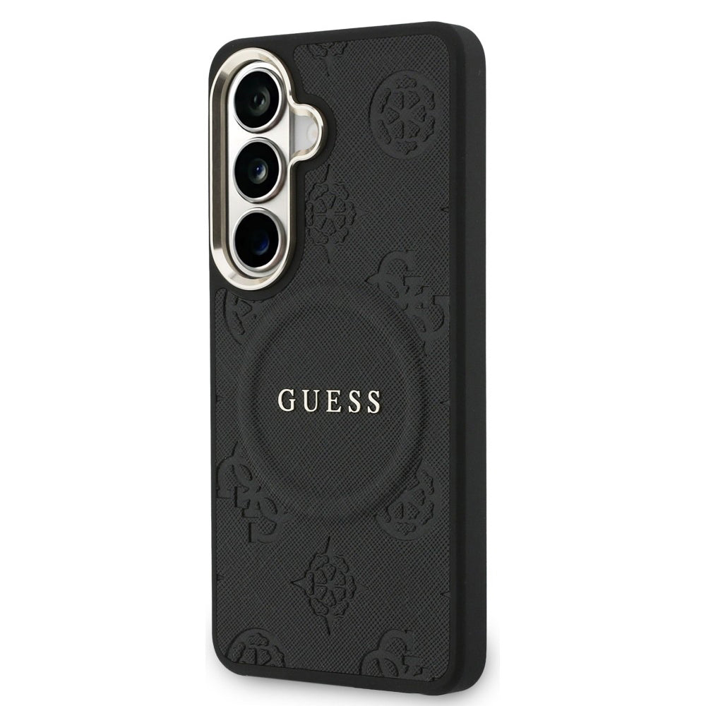 Ovitek MagSafe za Samsung Galaxy S26 S942, Guess, Saffiano Peony Embossed Ring, črn