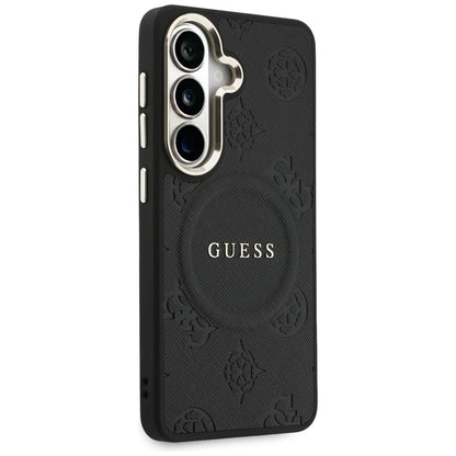 Ovitek MagSafe za Samsung Galaxy S26 S942, Guess, Saffiano Peony Embossed Ring, črn